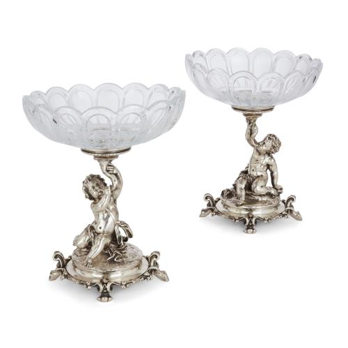 Pair of silvered bronze and cut-glass compotes by Christofle