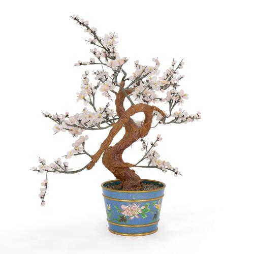 Large Chinese rose quartz cherry blossom model in a cloisonné enamel pot