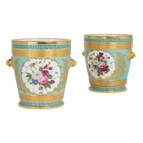 Very fine pair of turquoise and gilt cachepots by Rihouet