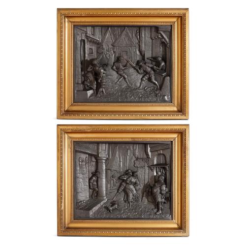 Pair of large figurative bronzed plaques by A. Stella