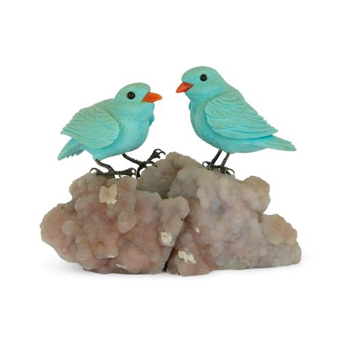 Turquoise, amber, youngite agate and silver model of sparrows