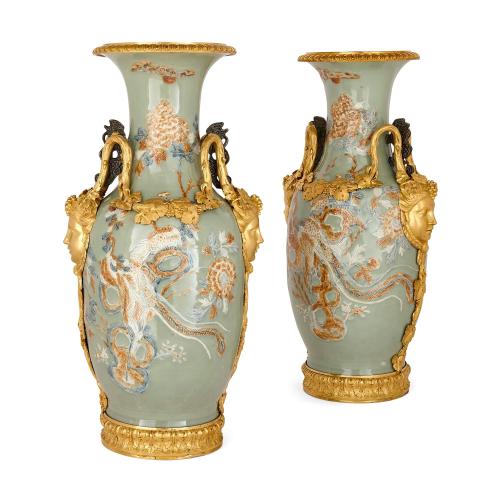 Exceptional pair of Chinese celadon porcelain ormolu-mounted vases
