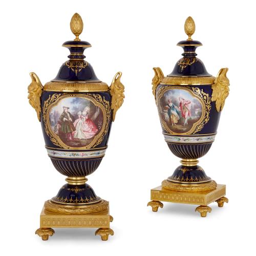 Pair of Sèvres style jewelled porcelain and ormolu vases