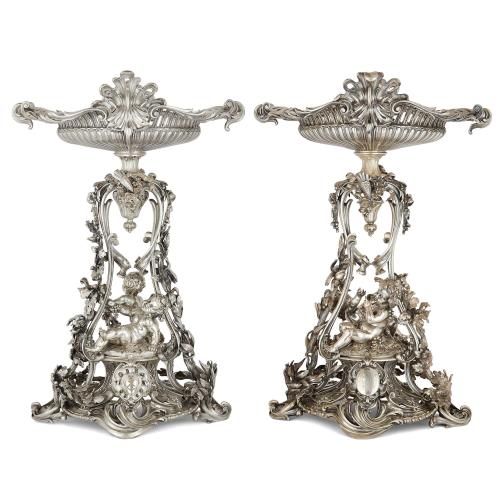 Large antique pair of silvered bronze centrepieces by Christofle