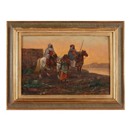 Equestrian Orientalist oil painting depicting Arabs crossing the desert