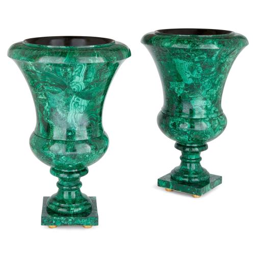 Pair of large campagna shaped malachite vases