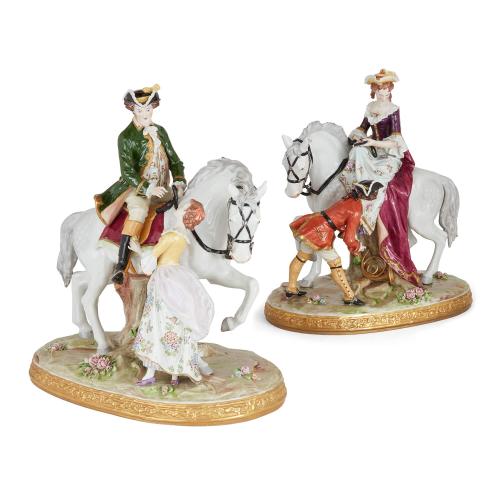 Pair of large equestrian porcelain figural groups by Sitzendorf 