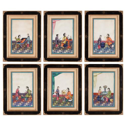 Set of six antique Chinese pith paintings depicting women weaving