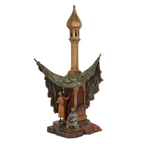 Large Orientalist cold-painted bronze lamp with minaret by Bergman