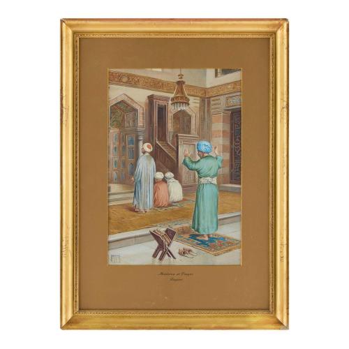 ‘Muslims at Prayer’, antique Orientalist watercolour by Rappini
