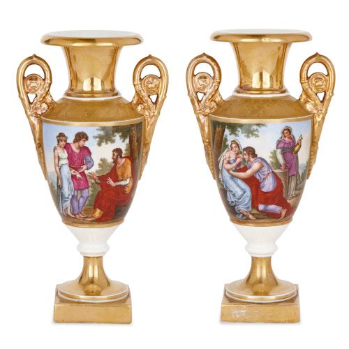 Two Neoclassical style painted and parcel gilt porcelain vases