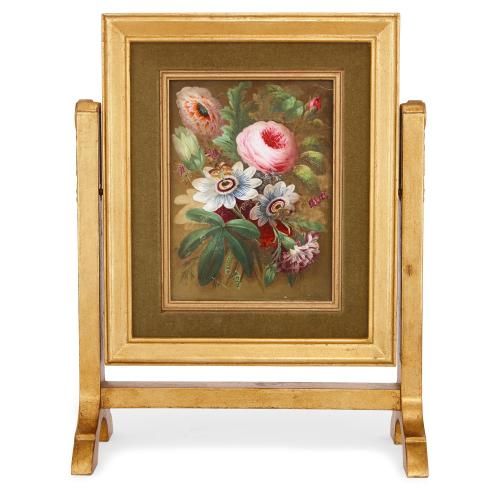 Double sided antique English porcelain plaque in giltwood frame