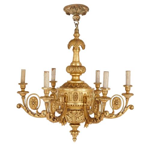 French Neoclassical style giltwood six-light chandelier