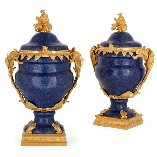 Pair of French ormolu mounted lapis lazuli vases