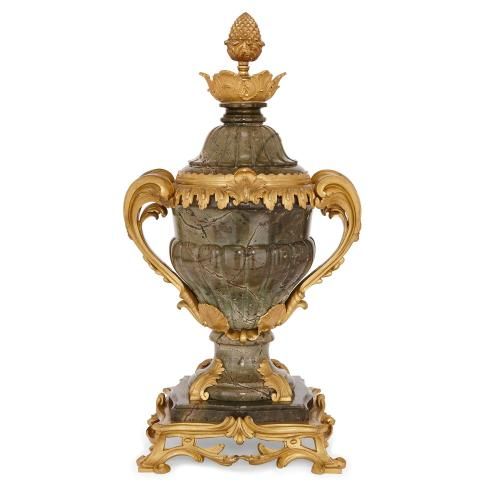French Rococo style gilt bronze mounted green marble urn 