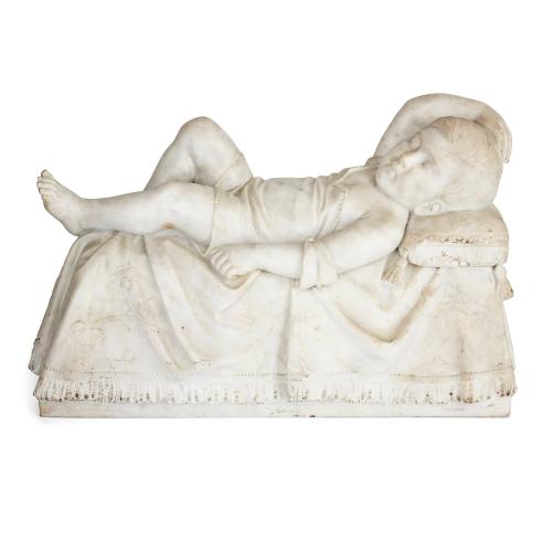Large Italian white marble sculpture of a sleeping child