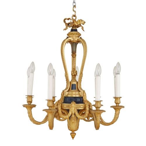 Tole mounted ormolu antique French nine light chandelier
