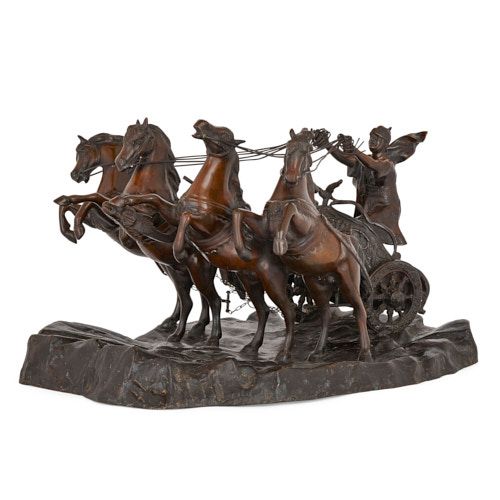 Patinated bronze group of a horse drawn chariot by Campaiola