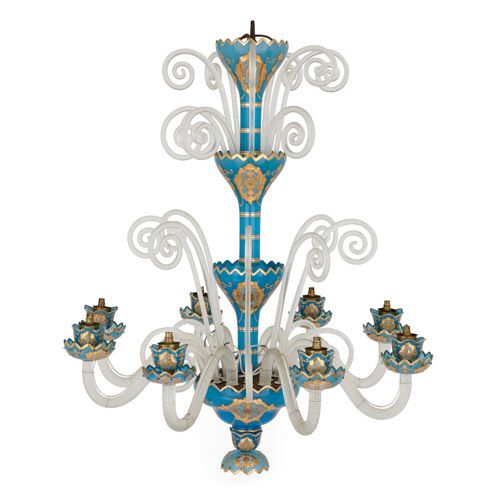 Parcel gilt blue and clear overlay glass eight-light chandelier