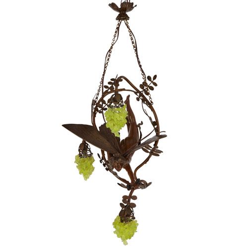 Patinated bronze and tinted glass Art Nouveau chandelier