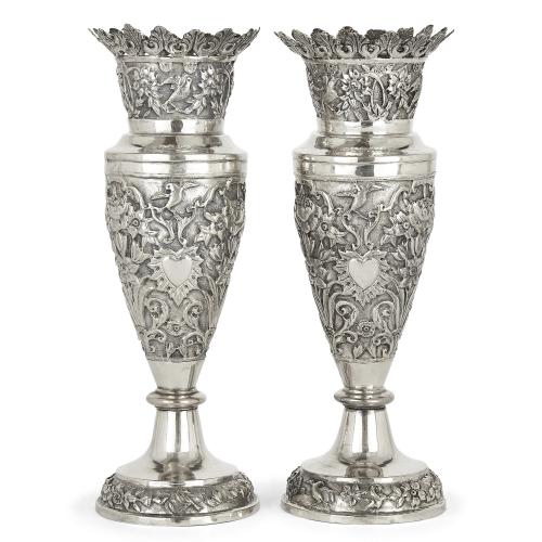 Pair of Persian Qajar period Shiraz silver vases