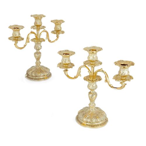 Pair of silver gilt Rococo style 3-branch candelabra
