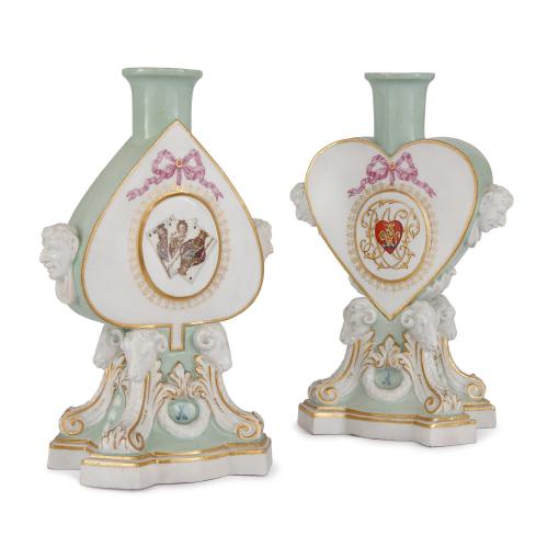 Pair of Meissen porcelain antique heart shaped candleholders