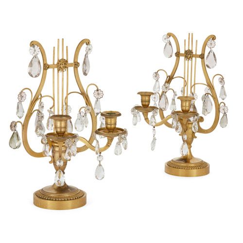 Pair of ormolu and crystal antique lyre-shaped candelabra