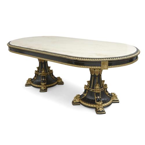 Large marble-topped gilt and ebonised wood dining table