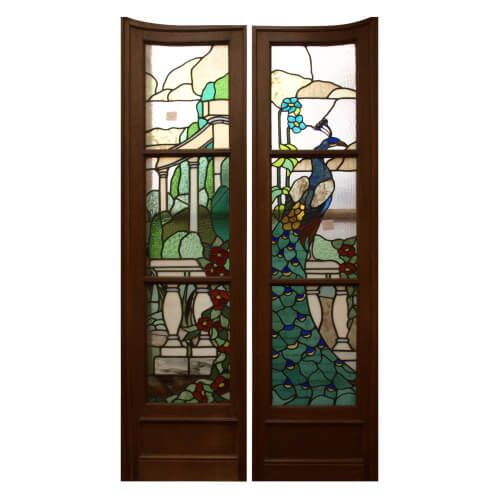 Pair of Aesthetic movement stained and leaded glass doors