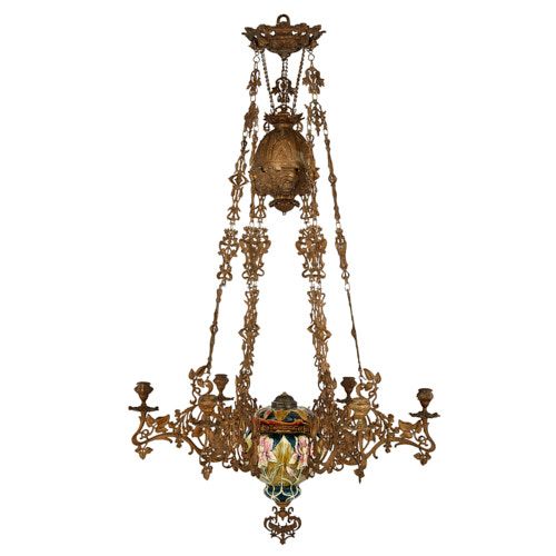 Art Nouveau gilt metal and majolica chandelier