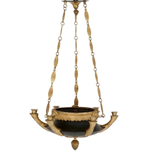 Empire style patinated and gilt bronze six-light chandelier