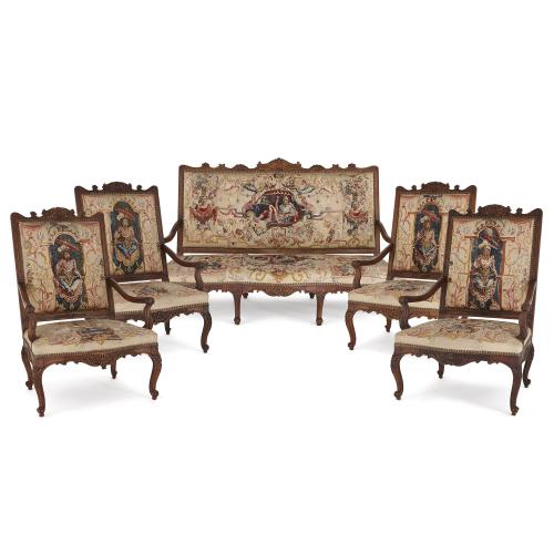 French Beauvais tapestry and carved beech wood salon suite