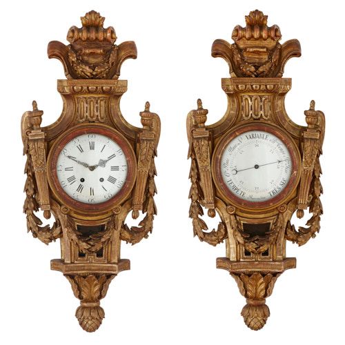 Louis XVI style carved giltwood cartel clock and barometer set