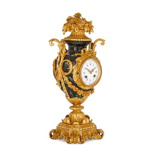 Louis XV style ormolu mounted green marble mantel clock
