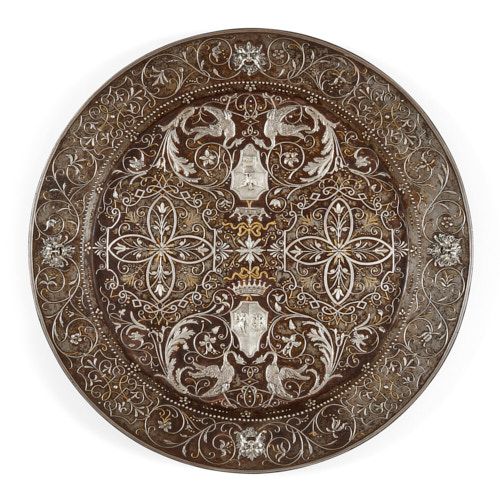 Gold and silver inlaid arabesque damascened plate