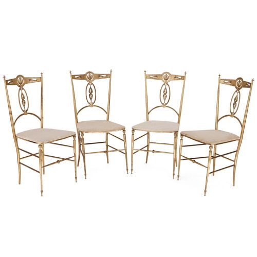 Set of four Neoclassical Chiavari style brass chairs