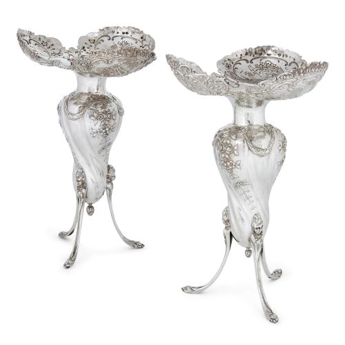 Pair of antique Rococo style silver vases