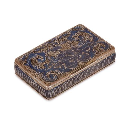 Russian silver niello rectangular snuff box with hinged lid