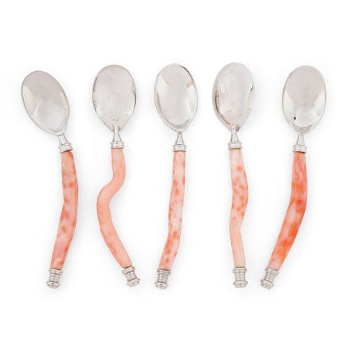 Set of five Chinese silver and coral caviar spoons