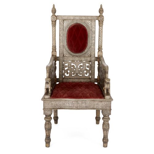 Indian silvered metal throne chair with velvet upholstery
