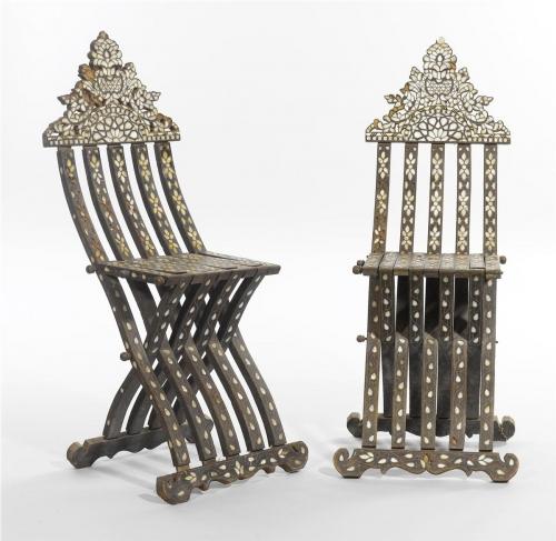 Pair of mother-of-pearl and bone Turkish folding chairs