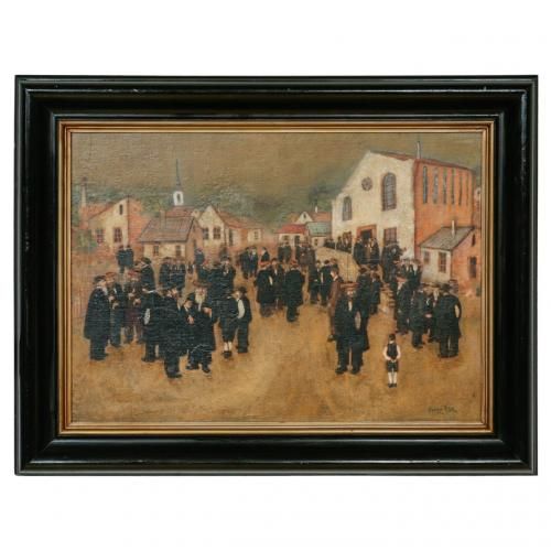 Antique oil painting of a Jewish street scene by E. Gyori