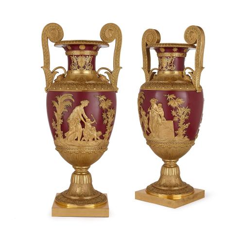 Large pair of antique Russian ormolu mounted metal vases
