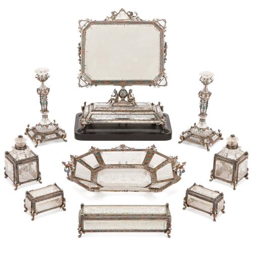 Viennese enamel, rock crystal and silver toilet set
