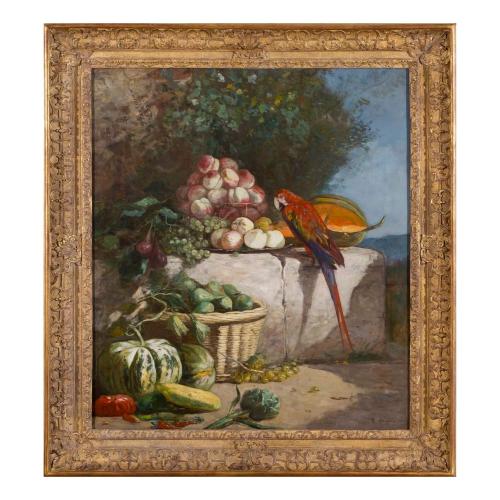 'Perched Parrot with Fruit', still life painting by Eugène Boudin