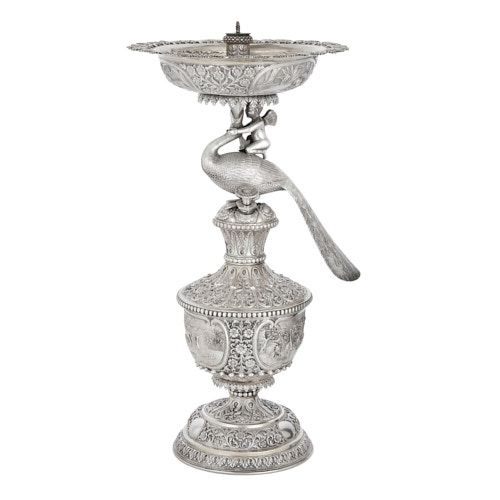 Indian repoussé silver rosewater fountain by Oomersi Mawji