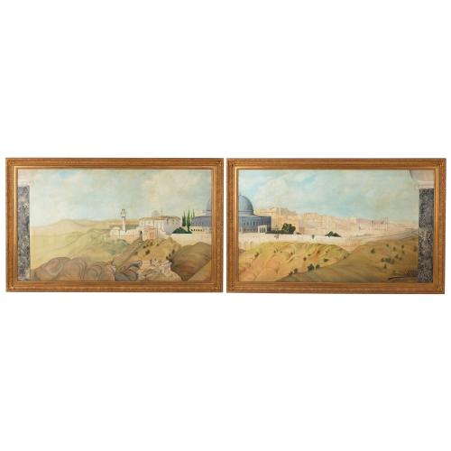 Pair of large antique paintings of Jerusalem from the Mount of Olives