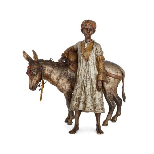 Viennese cold-painted bronze figure of a boy with a donkey by Bergman 