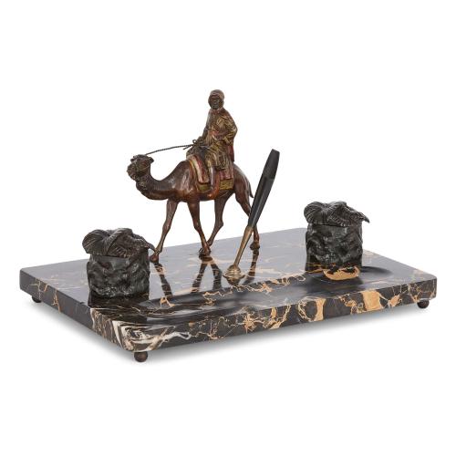 Antique cold-painted bronze and marble inkstand with camel